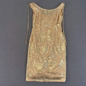 Le Chateau Sequin Dress Sz S/P Gold Sparkle Yellow Lace Floral Y2K Halter Neck